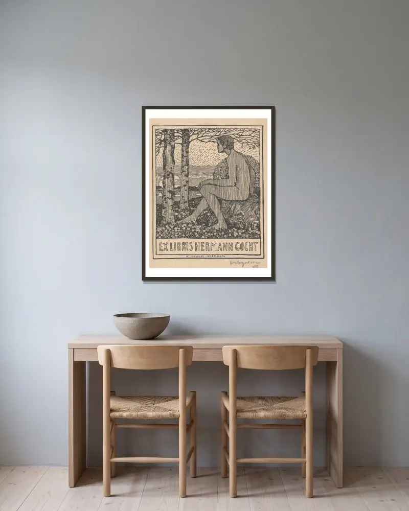 Ex Libris Hermann Gocht von Heinrich Vogeler gerahmt an einer Wand