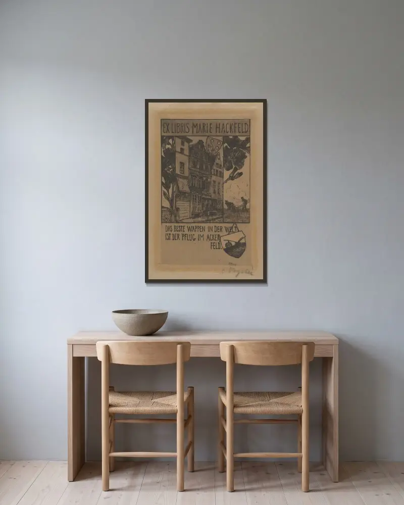 Ex Libris Marie Hackfield av Heinrich Vogeler inramad på en vägg