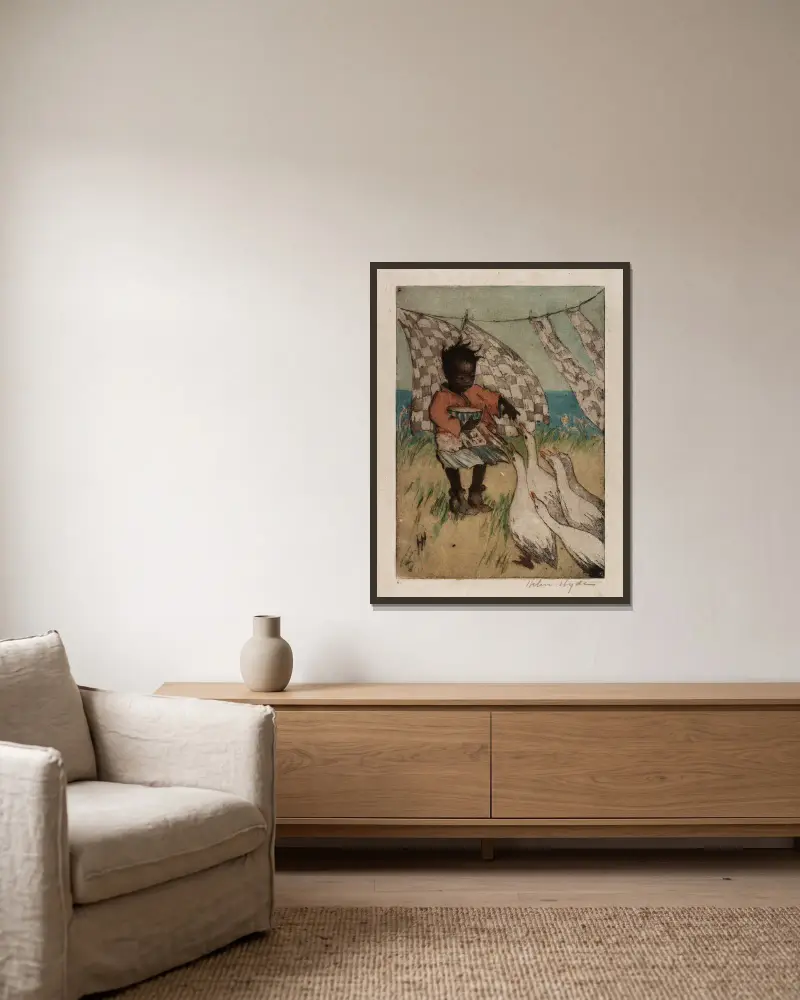 Gänse füttern von Helen Hyde gerahmt an einer Wand