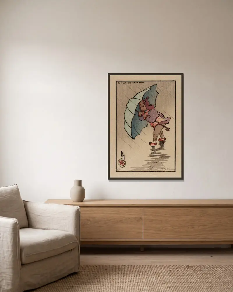 Der blaue Regenschirm von Helen Hyde gerahmt an einer Wand