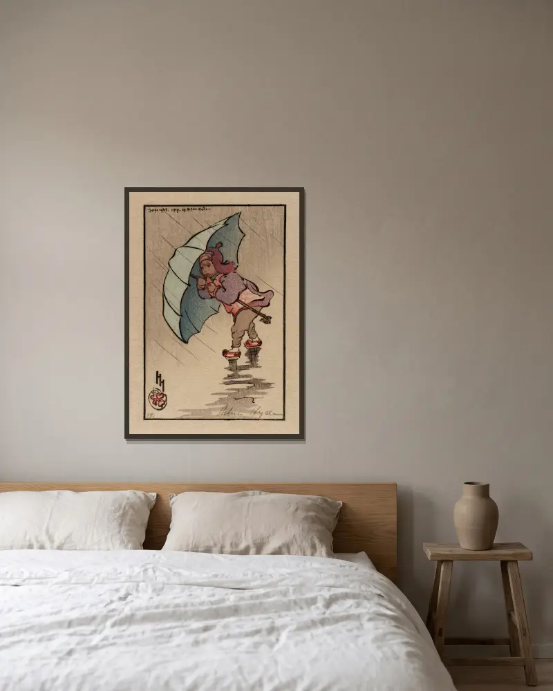 Der blaue Regenschirm von Helen Hyde gerahmt an einer Wand