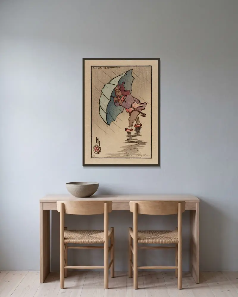 Der blaue Regenschirm von Helen Hyde gerahmt an einer Wand