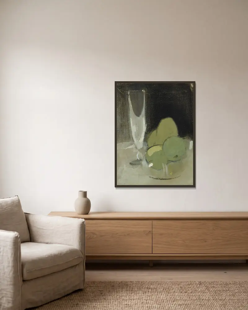 Green Apples And Champagne Glass av Helene Schjerfbeck inramad på en vägg