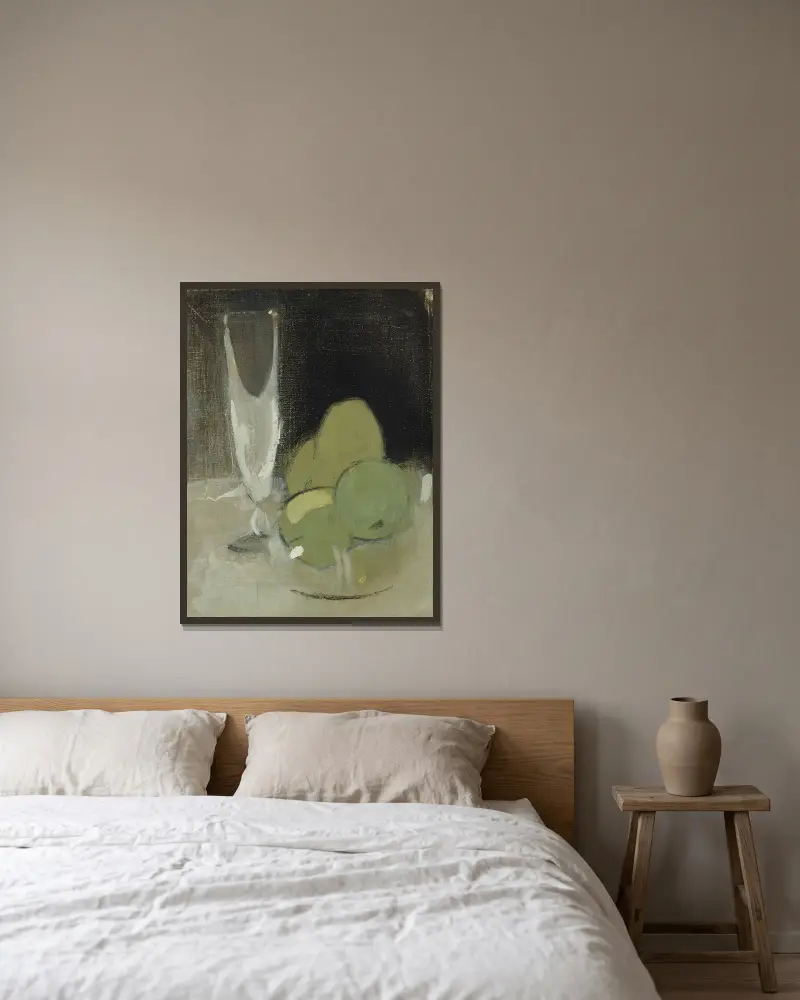 Green Apples And Champagne Glass av Helene Schjerfbeck inramad på en vägg