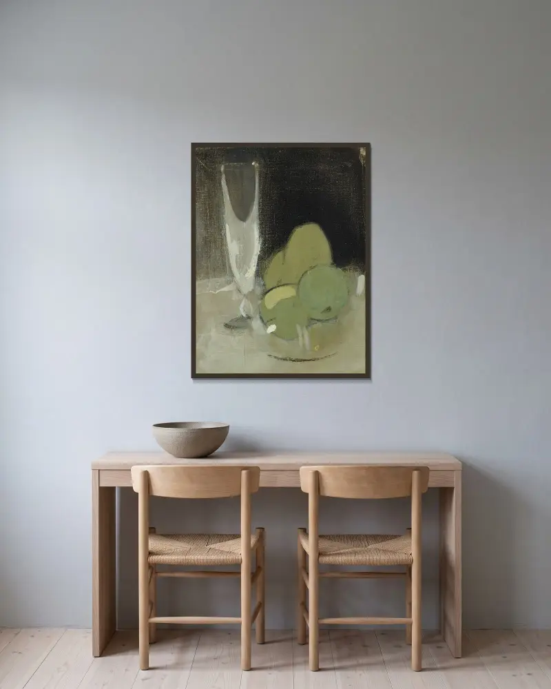 Green Apples And Champagne Glass av Helene Schjerfbeck inramad på en vägg