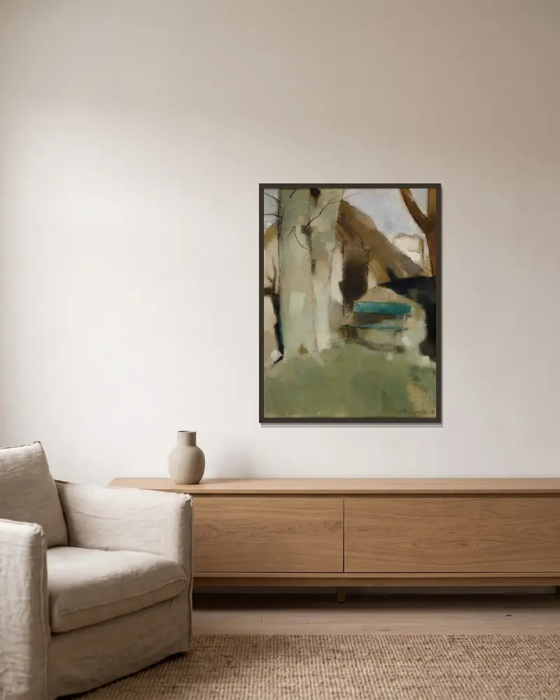 Schatten an der Wand II (Grüne Bank) von Helene Schjerfbeck gerahmt an einer Wand