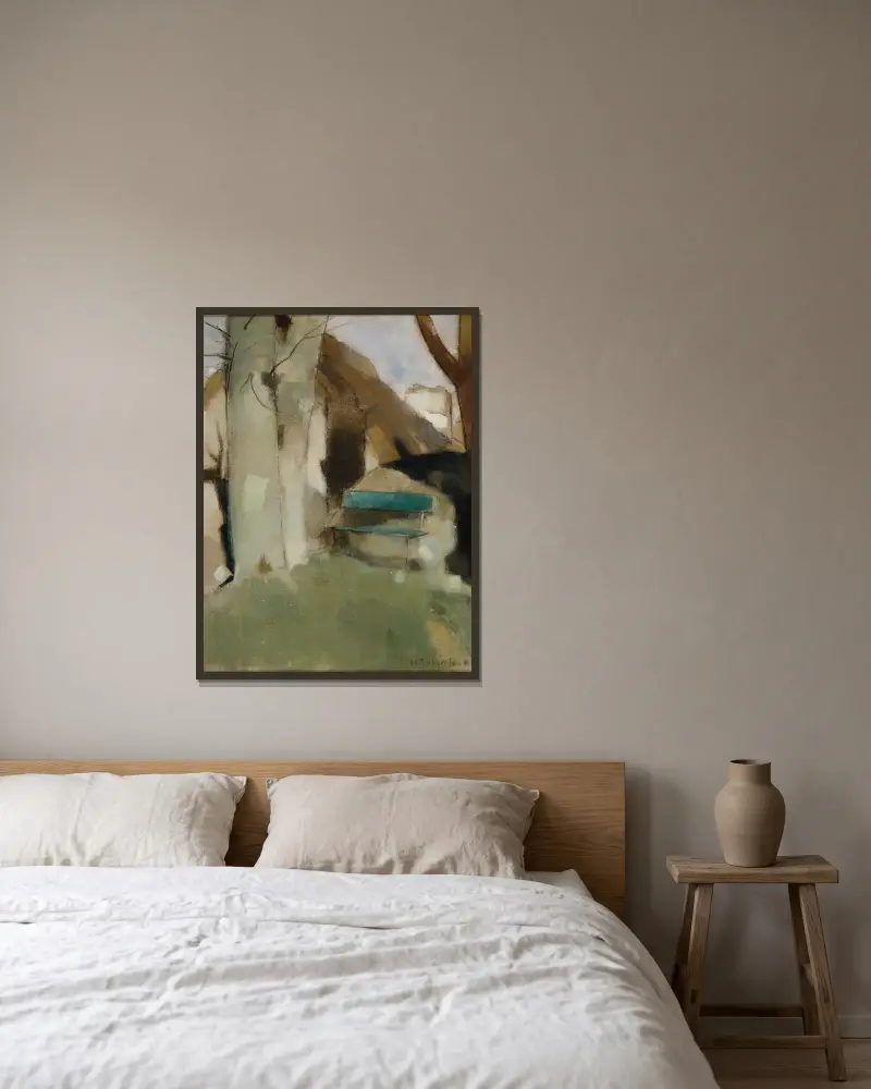 Schatten an der Wand II (Grüne Bank) von Helene Schjerfbeck gerahmt an einer Wand