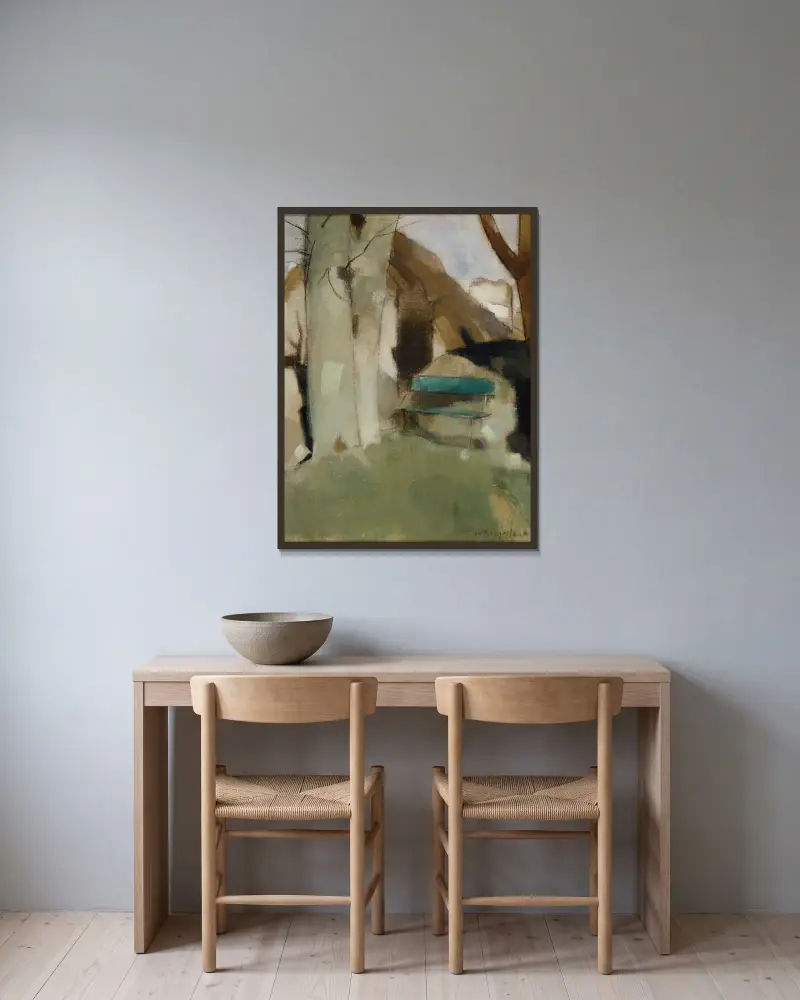 Schatten an der Wand II (Grüne Bank) von Helene Schjerfbeck gerahmt an einer Wand