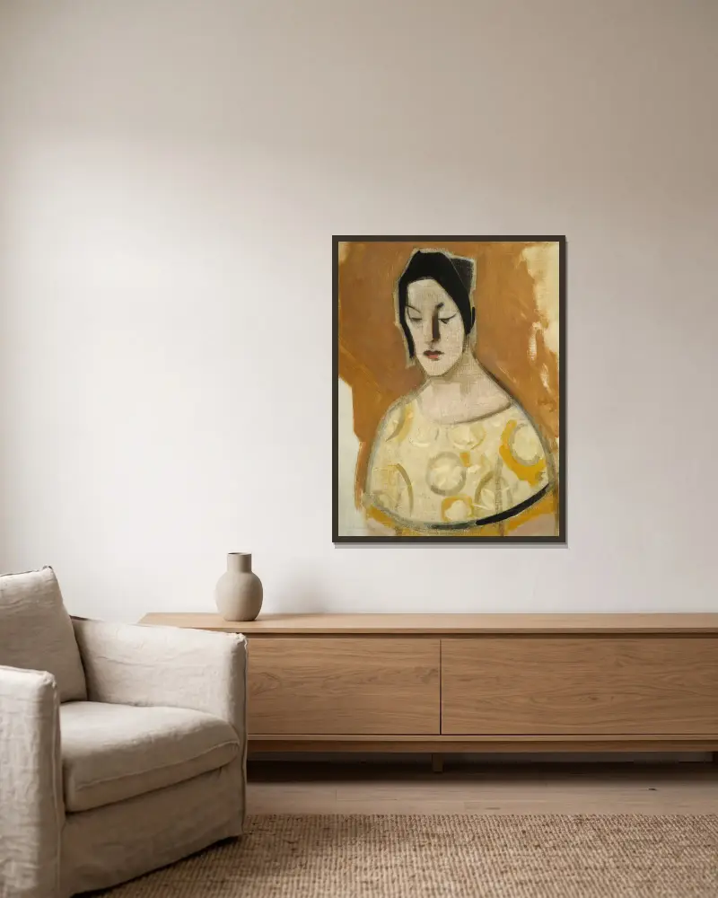 Věštkyně (Žena v žlutých šatech), Helene Schjerfbeck v rámu na stěně