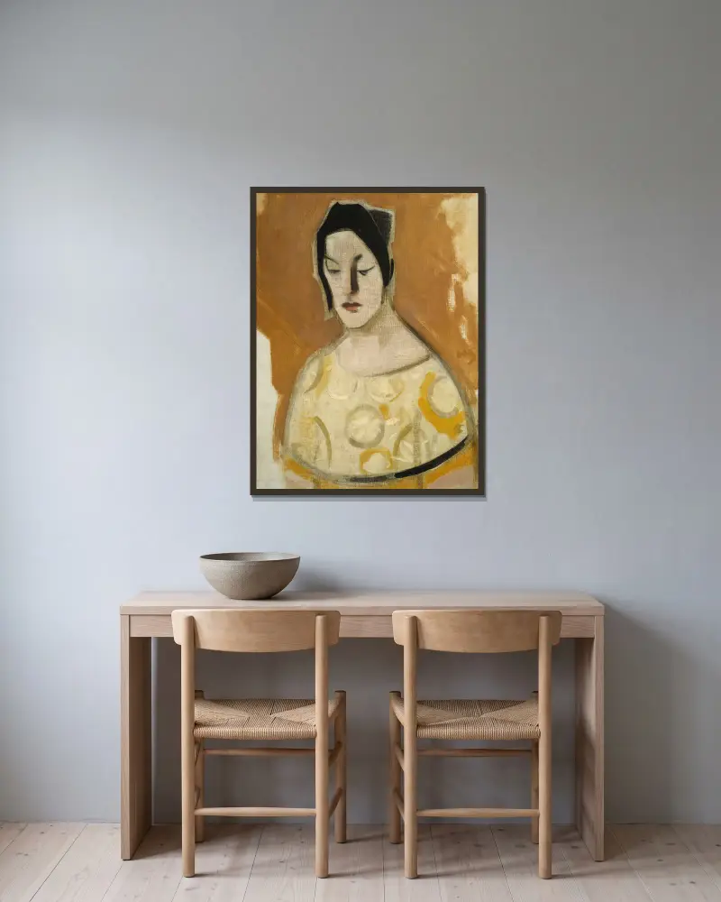 Věštkyně (Žena v žlutých šatech), Helene Schjerfbeck v rámu na stěně