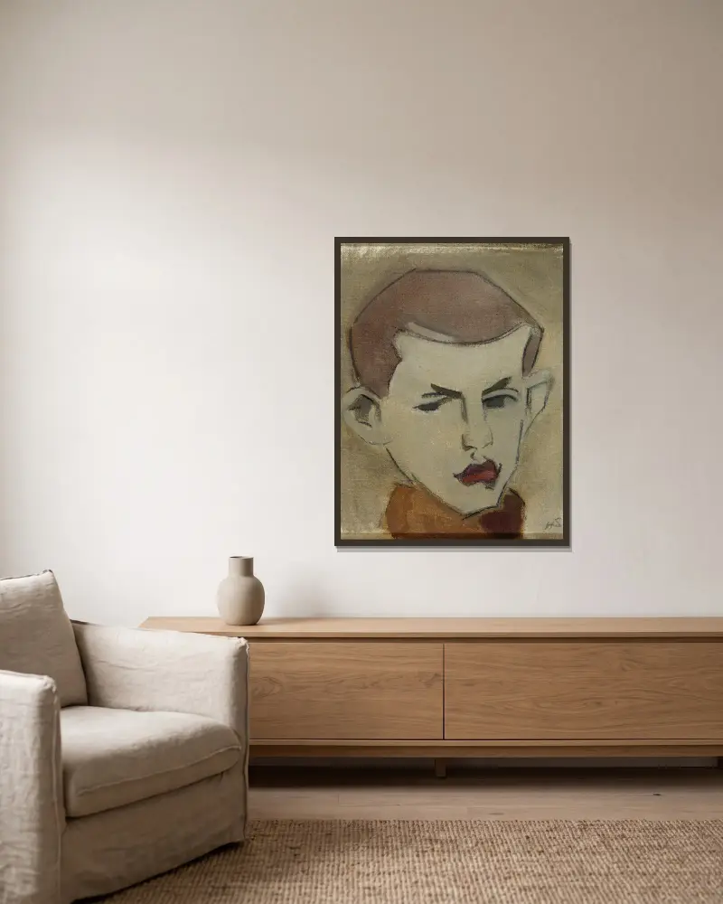 Der Holzfäller, Kopfstudie von Helene Schjerfbeck gerahmt an einer Wand