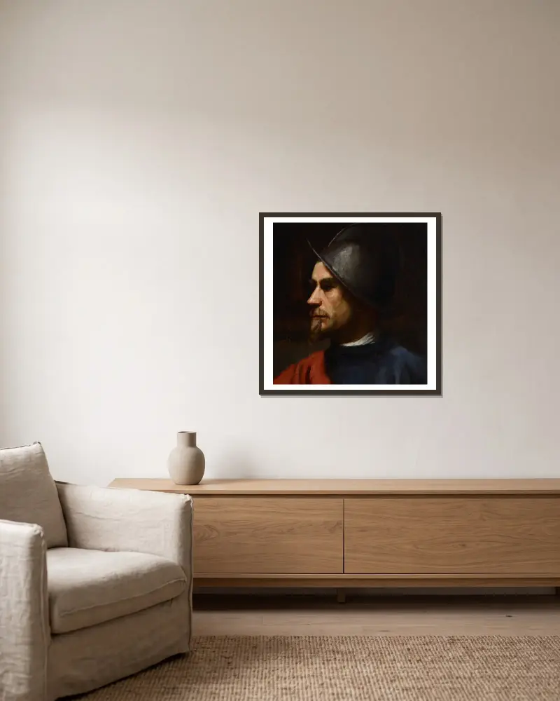 Krieger mit Helm von Helene Schjerfbeck gerahmt an einer Wand
