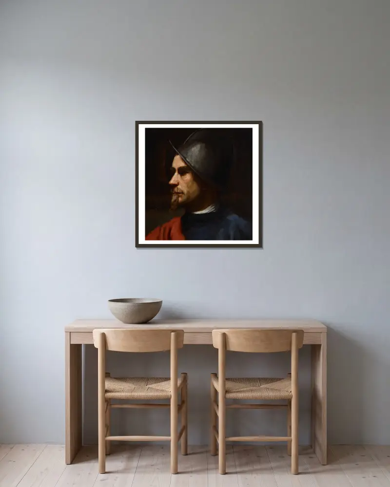 Krieger mit Helm von Helene Schjerfbeck gerahmt an einer Wand