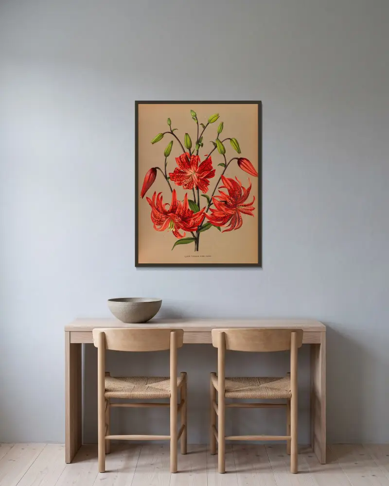 Lilium tigrinum flore pleno av Arentina Hendrica Arendsen inramad på en vägg