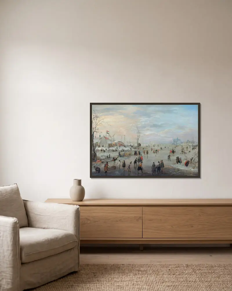 Vergnügen auf dem Eis von Hendrick Avercamp gerahmt an einer Wand