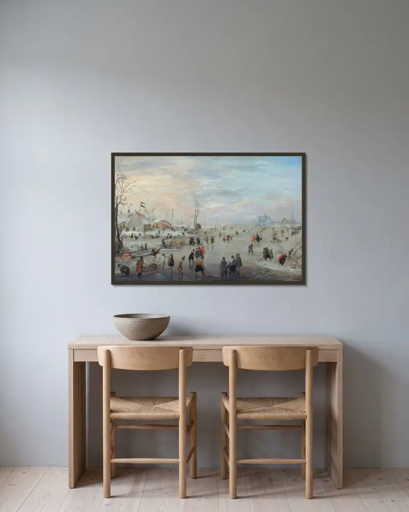 Vergnügen auf dem Eis von Hendrick Avercamp gerahmt an einer Wand