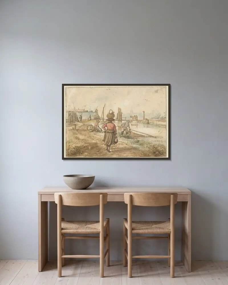 River Landscape with a Woman Carrying a Basket on her Head, Fishermen and Other Figures near the Walls of a Town av Hendrick Avercamp inramad på en vägg