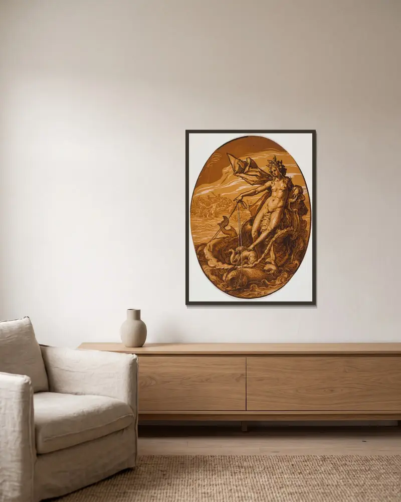 Amphitrite av Hendrick Goltzius inramad på en vägg