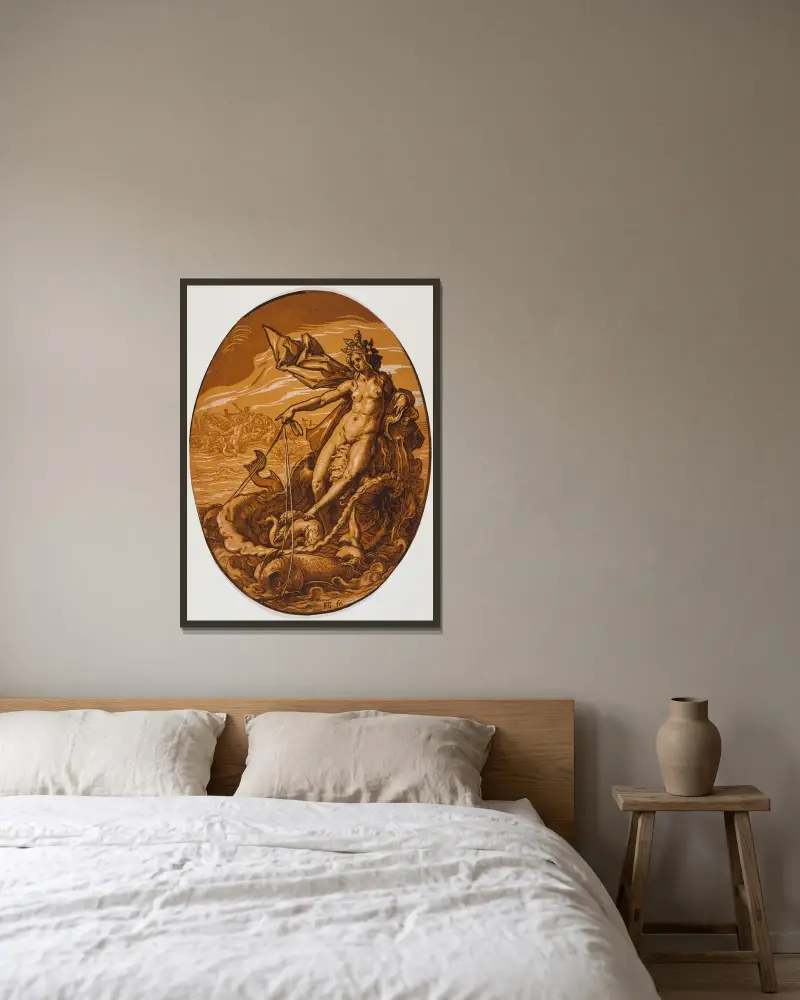 Amphitrite av Hendrick Goltzius inramad på en vägg