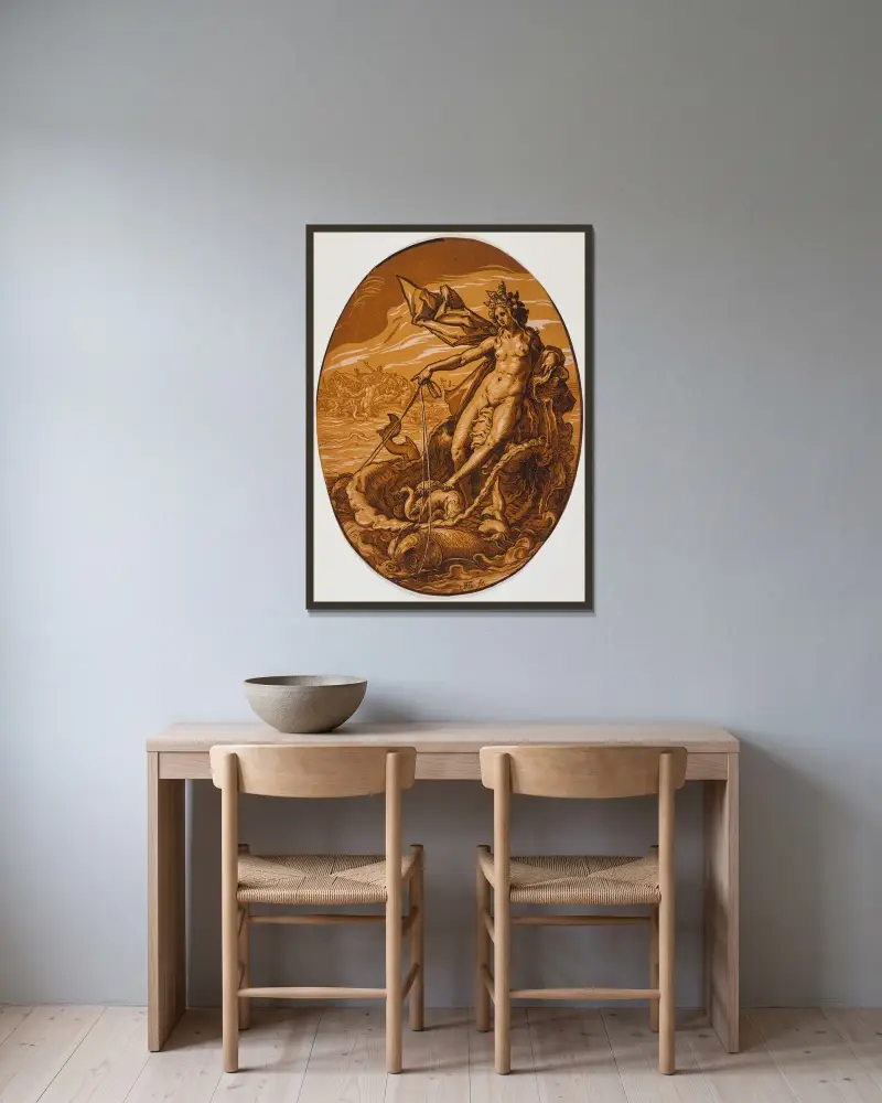 Amphitrite av Hendrick Goltzius inramad på en vägg