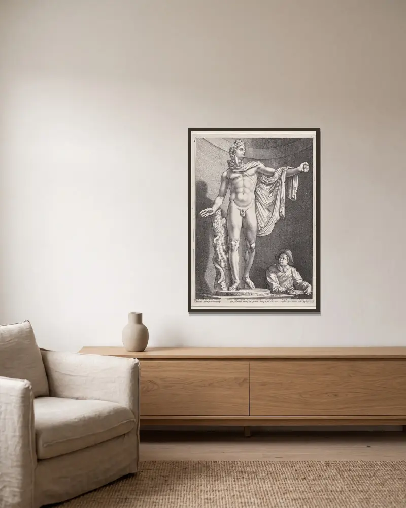 Apoll vom Belvedere von Hendrick Goltzius gerahmt an einer Wand
