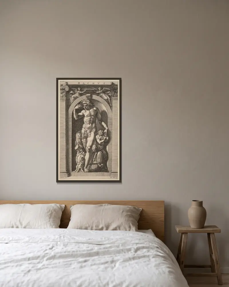 Bacchus av Hendrick Goltzius inramad på en vägg