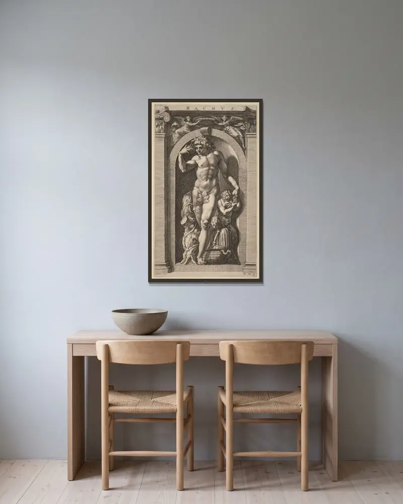 Bacchus av Hendrick Goltzius inramad på en vägg