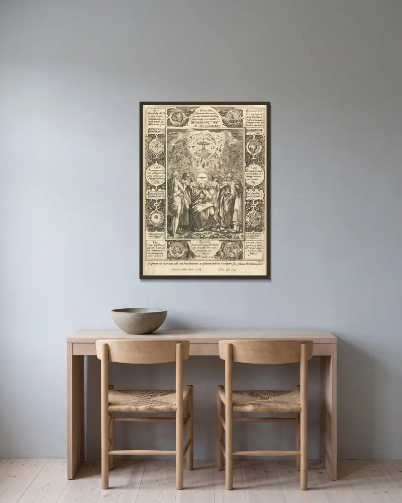 Benedicta tu in Mulieribus av Hendrick Goltzius inramad på en vägg
