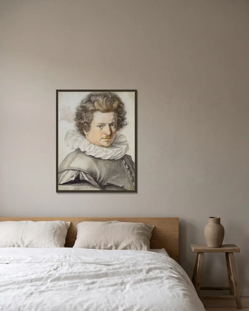 Porträtt av Gillis van Breen av Hendrick Goltzius inramad på en vägg