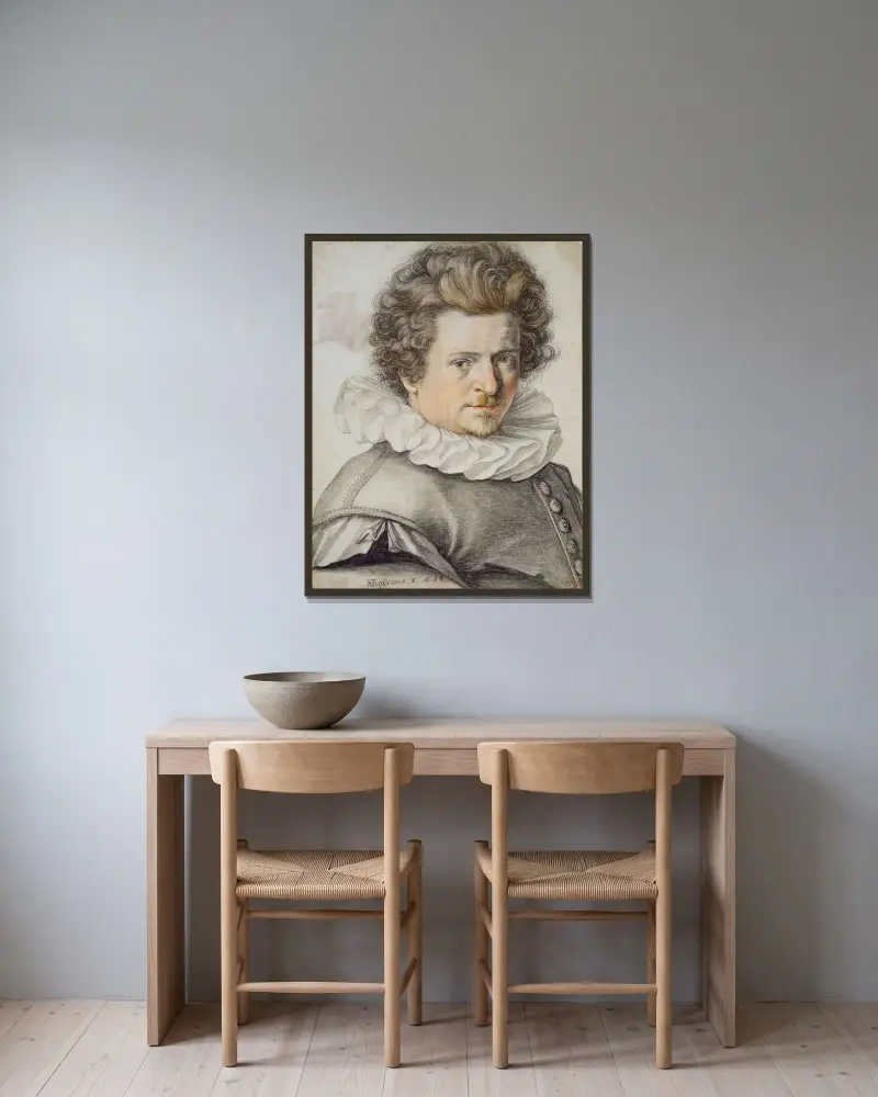 Porträtt av Gillis van Breen av Hendrick Goltzius inramad på en vägg
