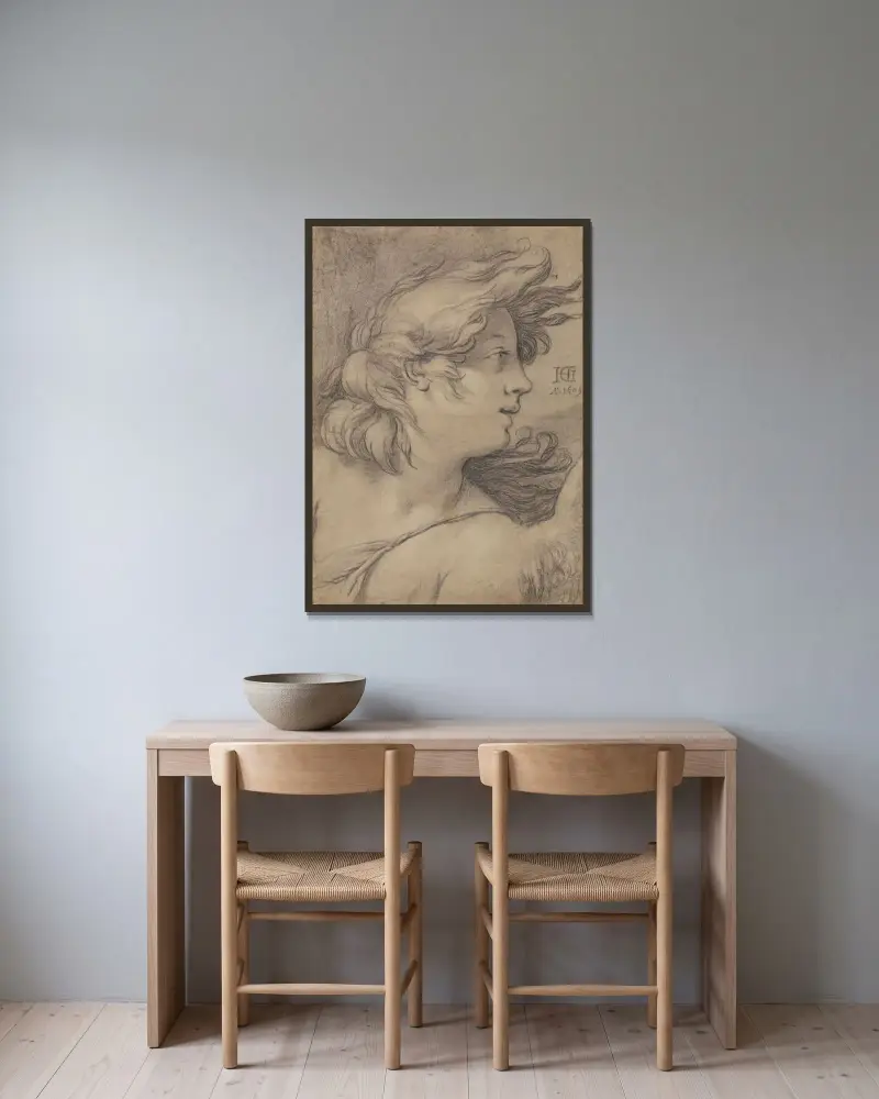 Änglahuvud av Hendrick Goltzius inramad på en vägg