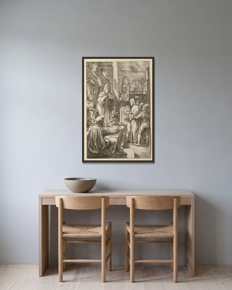 Kristus inför Kaifas av Hendrick Goltzius inramad på en vägg