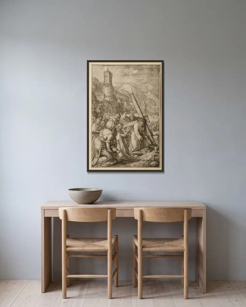Kristus bär korset av Hendrick Goltzius inramad på en vägg