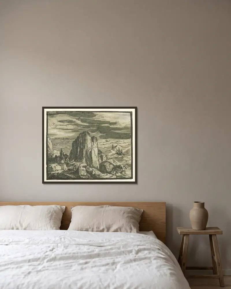 Klippa vid havskusten av Hendrick Goltzius inramad på en vägg
