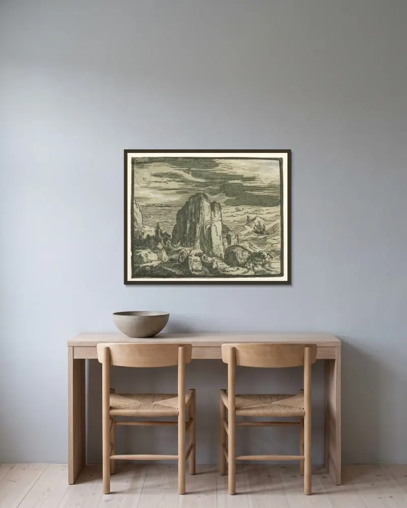 Klippa vid havskusten av Hendrick Goltzius inramad på en vägg