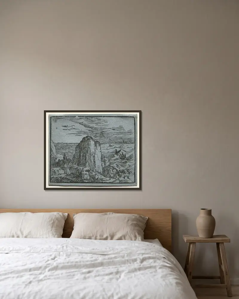 Klippa vid havsstranden av Hendrick Goltzius inramad på en vägg