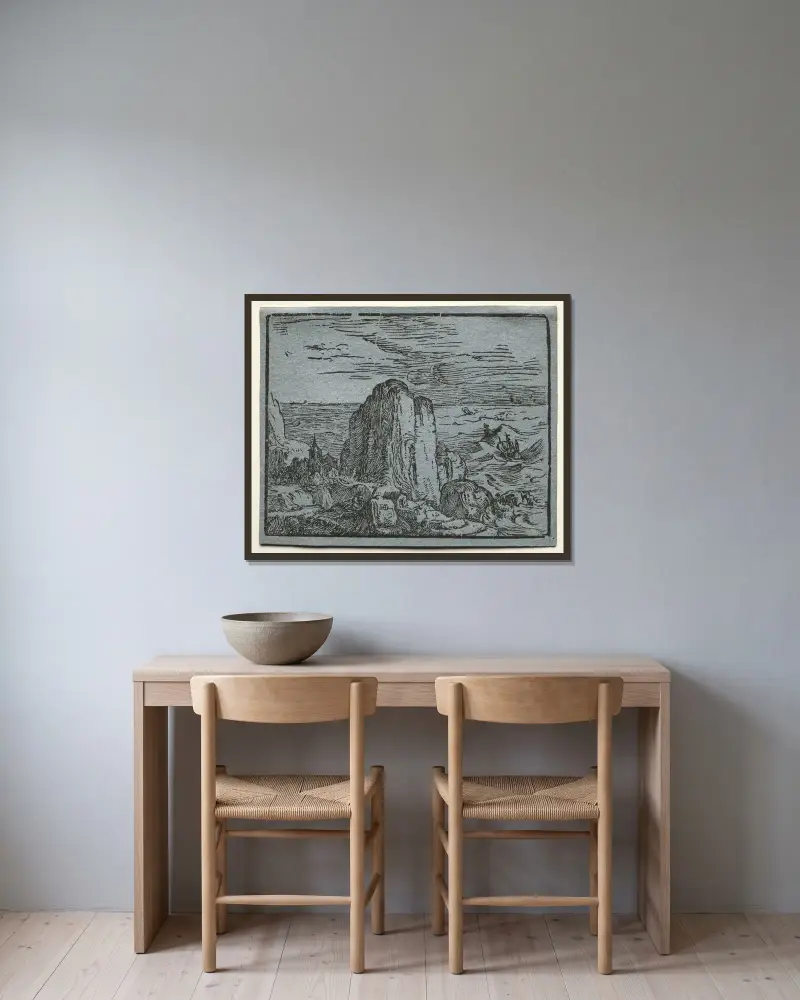 Klippa vid havsstranden av Hendrick Goltzius inramad på en vägg