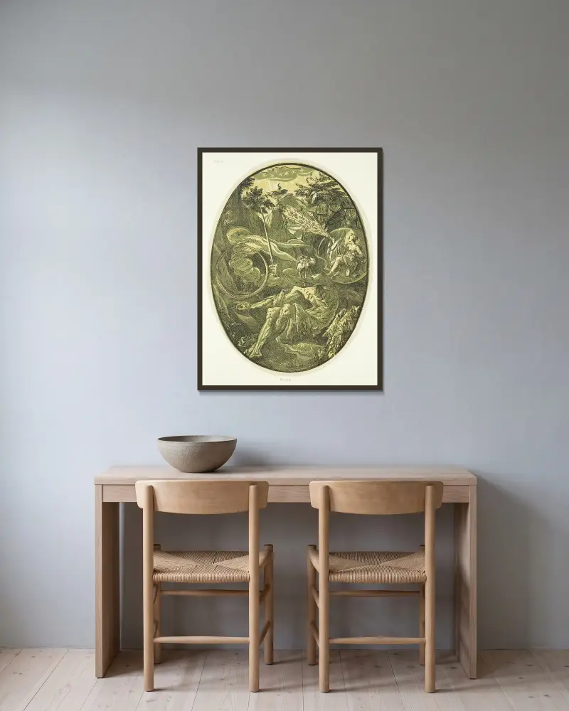 Demogorgon i evighetens grotta av Hendrick Goltzius inramad på en vägg