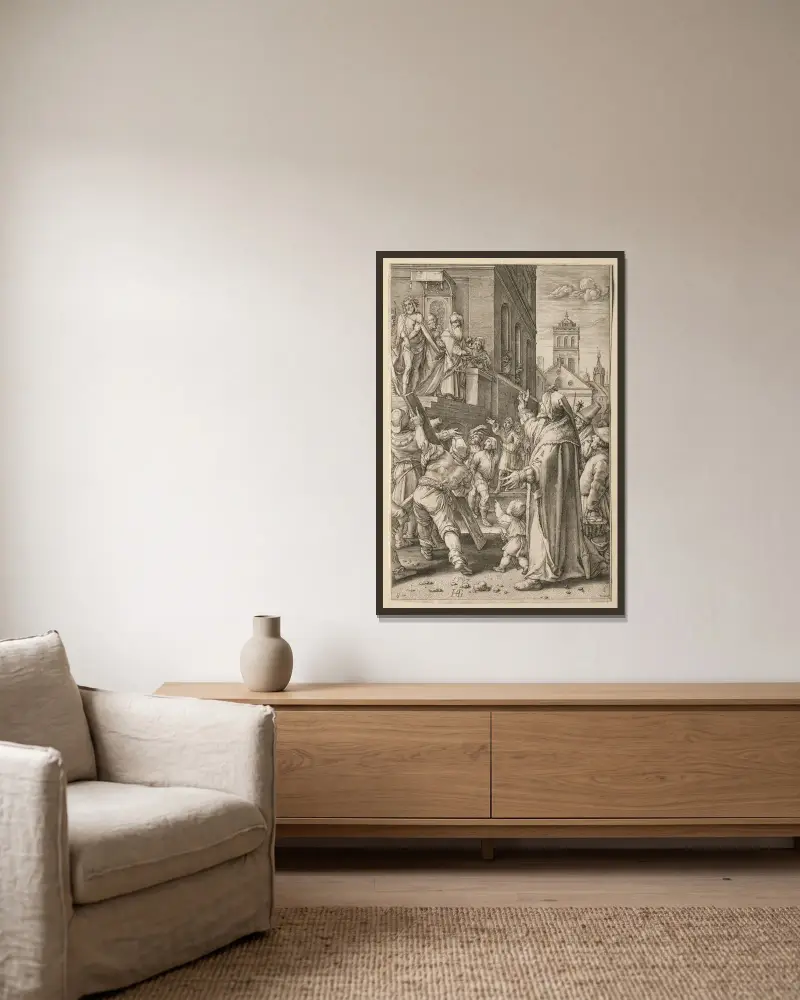 Ecce Homo av Hendrick Goltzius inramad på en vägg
