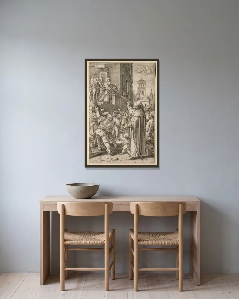 Ecce Homo av Hendrick Goltzius inramad på en vägg