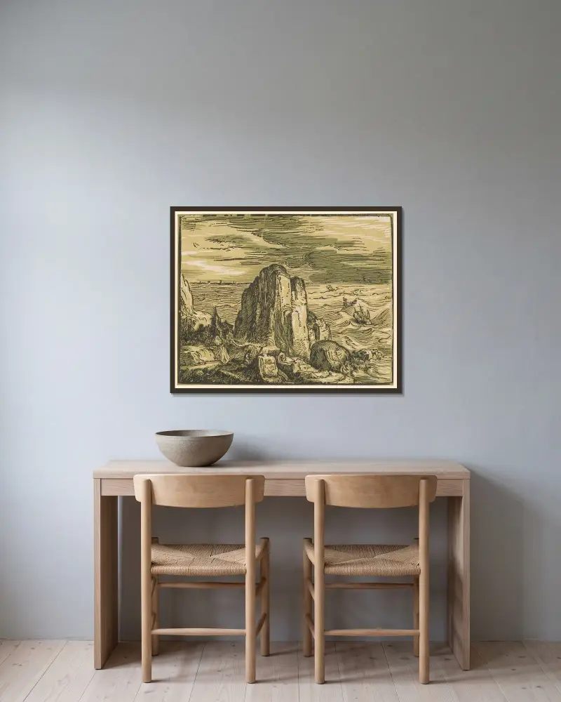 Felsklippa vid havskusten av Hendrick Goltzius inramad på en vägg