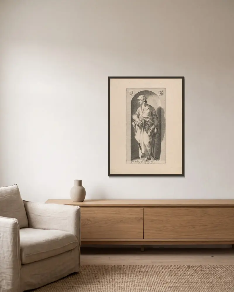Die Habgier von Hendrick Goltzius gerahmt an einer Wand