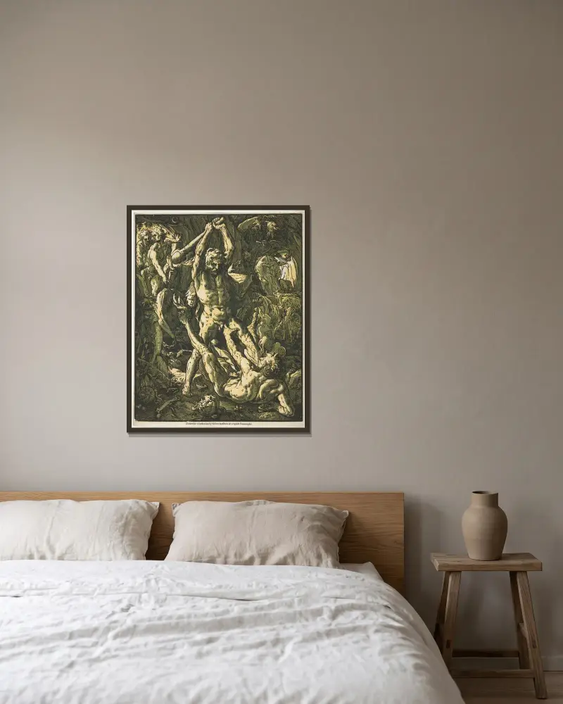 Herkules och Cacus av Hendrick Goltzius inramad på en vägg