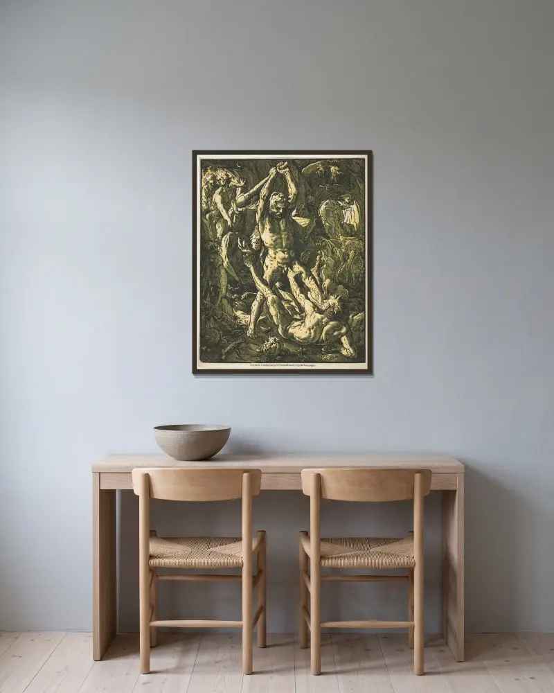 Herkules och Cacus av Hendrick Goltzius inramad på en vägg