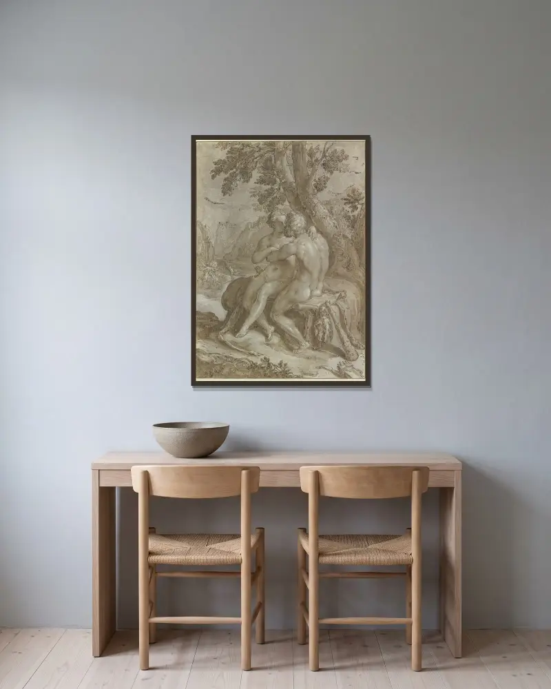 Hercules and Dejanira av Hendrick Goltzius inramad på en vägg