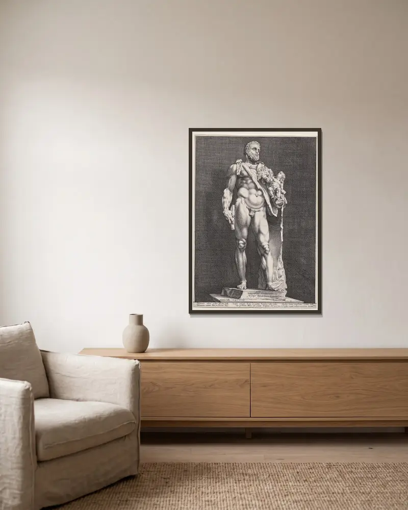 Hercules und Telephos von Hendrick Goltzius gerahmt an einer Wand