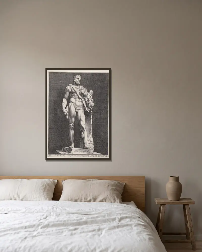 Hercules und Telephos von Hendrick Goltzius gerahmt an einer Wand