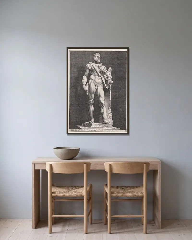 Hercules und Telephos von Hendrick Goltzius gerahmt an einer Wand