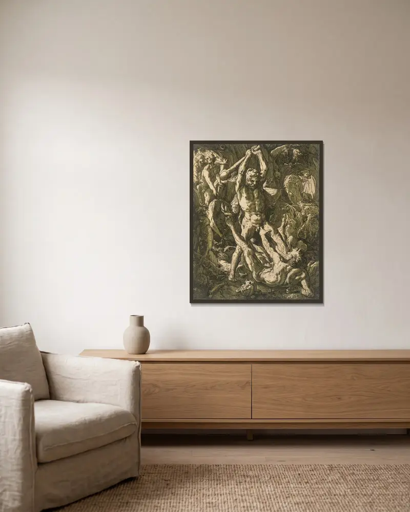 Herkules dräper Cacus av Hendrick Goltzius inramad på en vägg