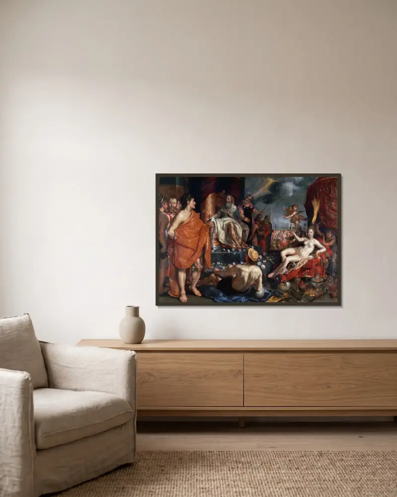 Hermes överlämnar Pandora till kung Epimetheus av Hendrick Goltzius inramad på en vägg